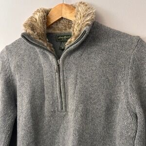 Eddie Bauer Sweater Womens M Tall Gray 1/4 Zip Angora Rabbit Fur Trim‎ Vintage